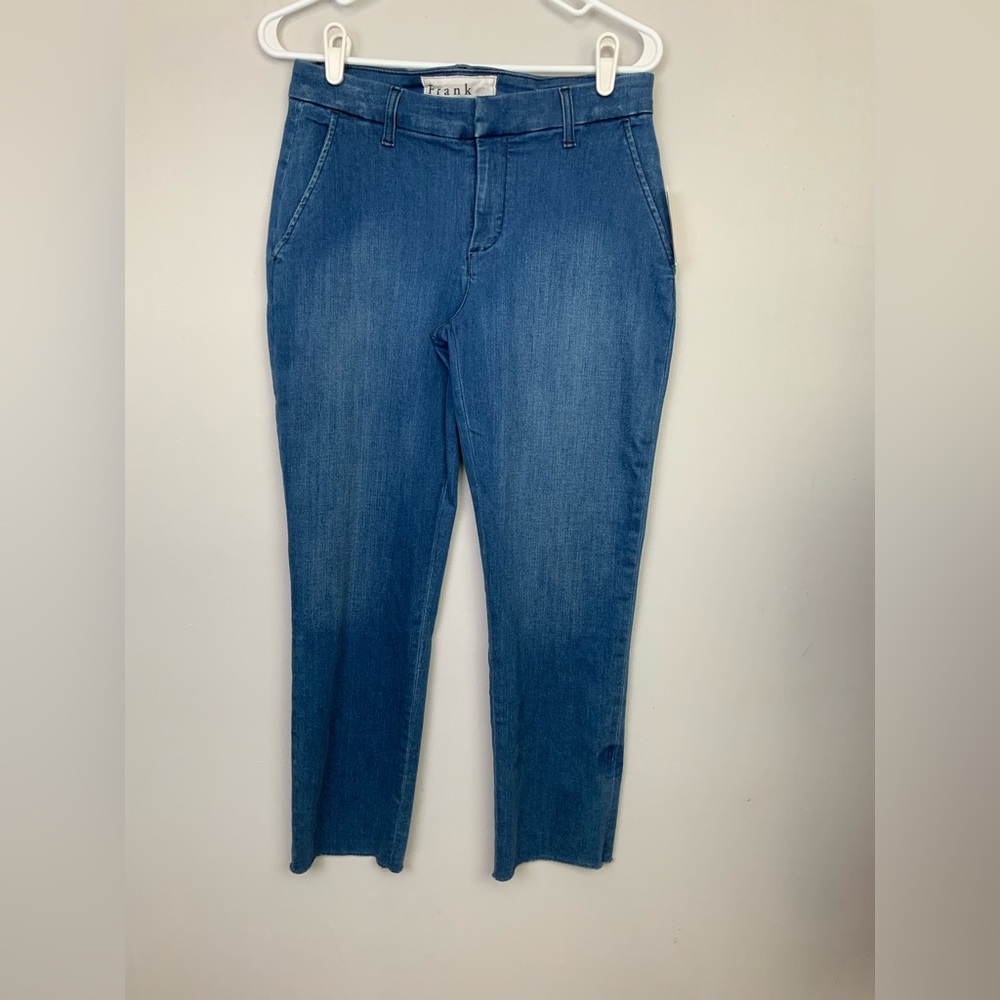Frank & Eileen Sz 6 Wicklow Blue Denim Cropped Raw Hem Chino Pants Chambray